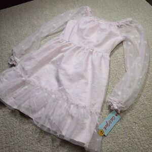 Cat & Jack Girls Pastel Pink Star Tulle Dress L 10/12 Long Sleeve Mesh Ruffle